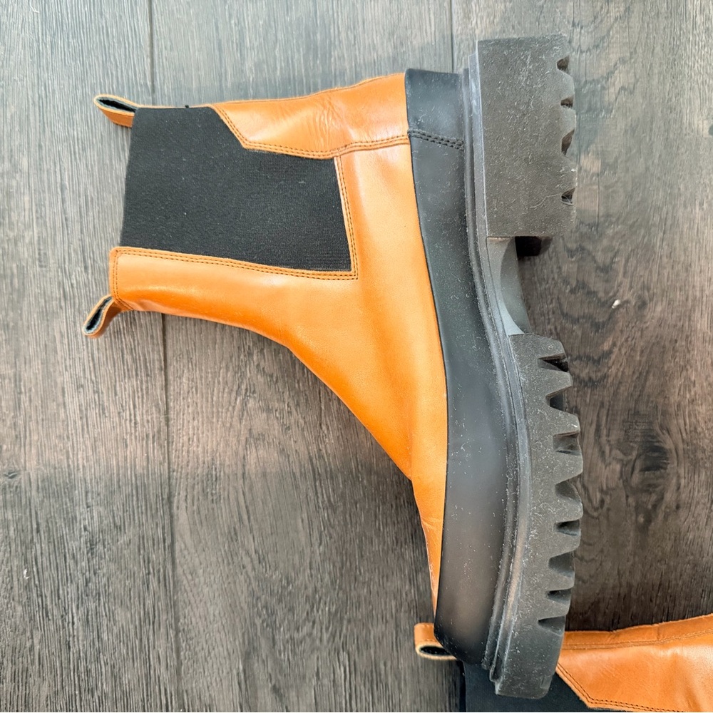All Saints Tan and Black Chelsea Lug Boots